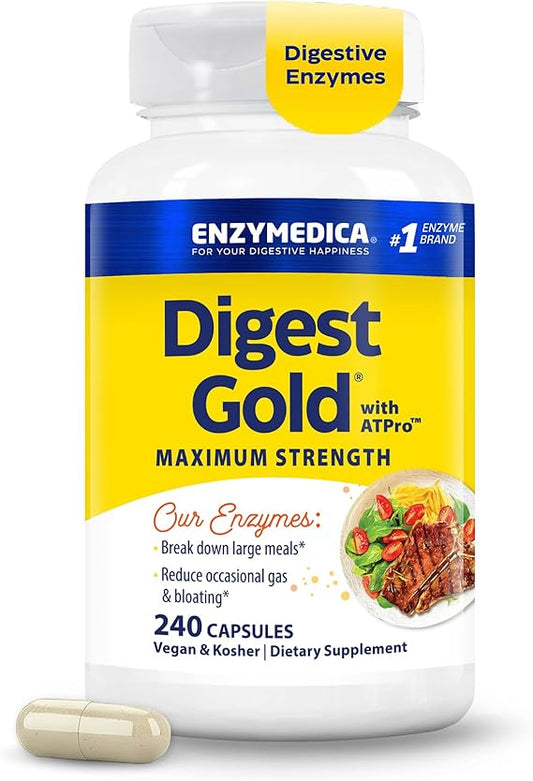 Enzymedica Digest Gold supplement bottle with a capsule on a white background