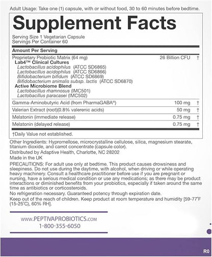 Peptiva 26 Billion CFU Probiotic and Sleep Support Supplement